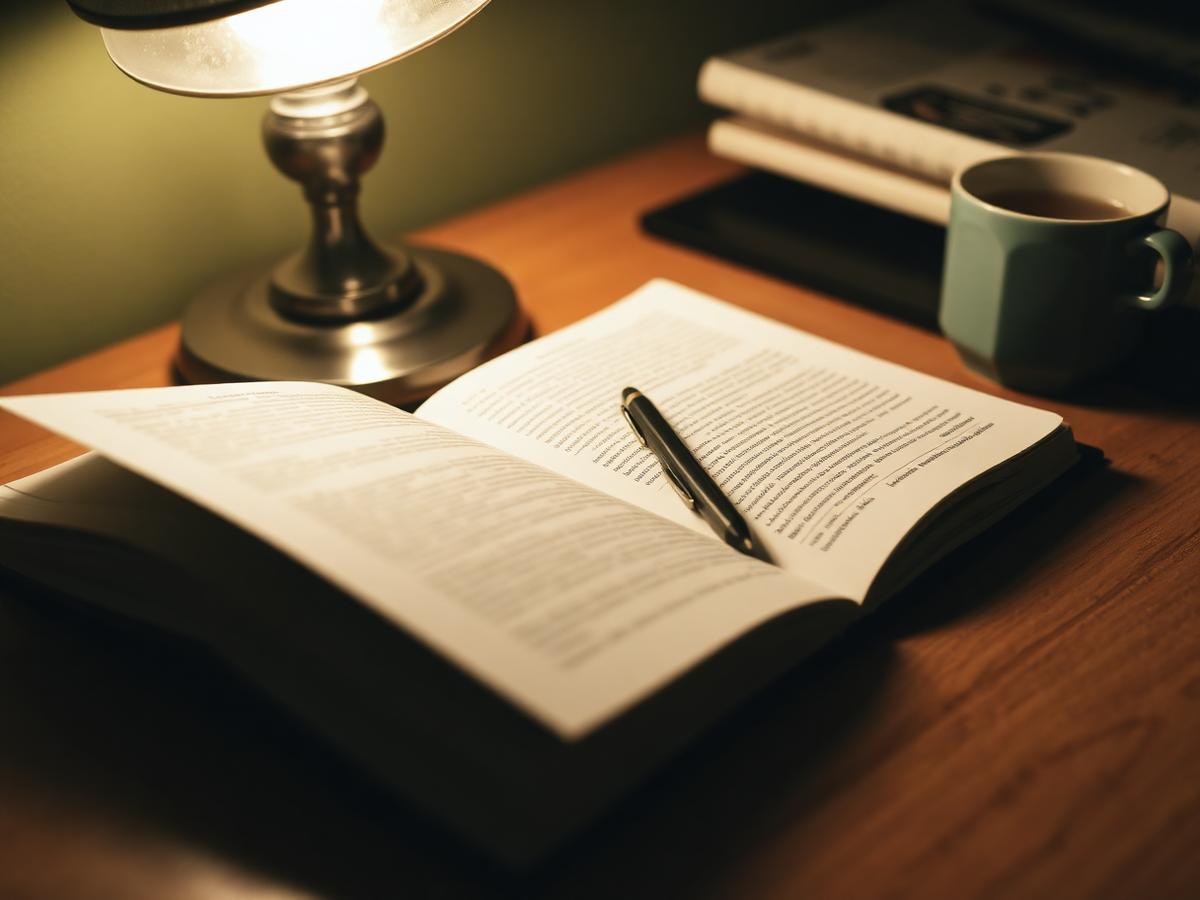 A study desk with an open notebook and a reading lamp